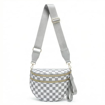Checkered Crossbody Bags for Women Large Belt Bum Bag Nylon Fanny Packs with Adjustable Strap(Gray Checkered) - color: Gray Checkered
