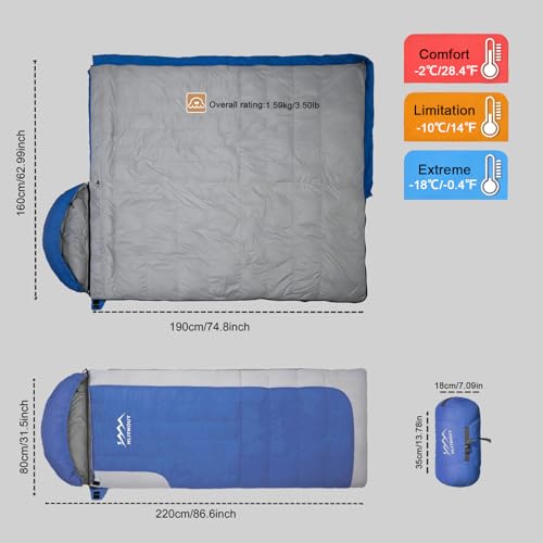 3-in-1 Lightweight Down Sleeping Bag for Adults and Teens | with Detachable Hood,Compact, 20°F 32°F 45°F Rectangular Down Blanket Sleeping Bag,Camping Hiking and Backpacking Outdoor - color: blue 1000g filling