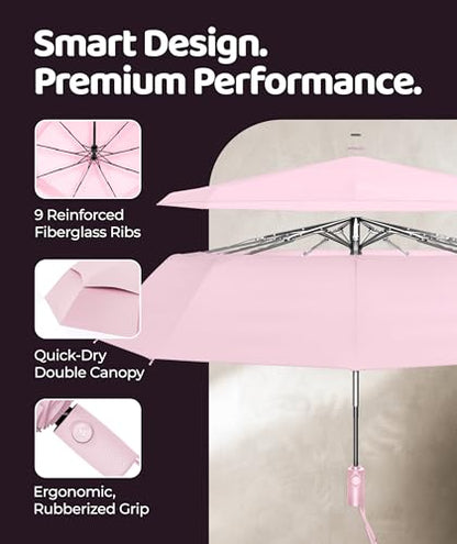 Windproof Travel Umbrella - Compact & Withstands Winds up to 100MPH, Strongest Premium Auto Folding Umbrella for Rain and Sun - Durable, Light & Portable for Women & Men, Fits Backpack & Cars - color: Pastel Pink 1-Pack