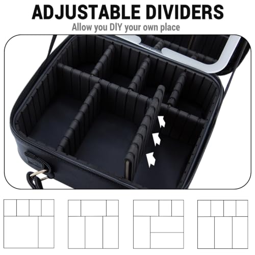 Travel Makeup Bag with LED Mirror, Travel Makeup Organizer，Three-level Adjustable Brightness, Makeup Bag with Removable Lighted Mirror, Adjustable Dividers and Brush Storage Board