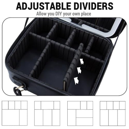 Travel Makeup Bag with LED Mirror, Travel Makeup Organizer，Three-level Adjustable Brightness, Makeup Bag with Removable Lighted Mirror, Adjustable Dividers and Brush Storage Board