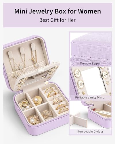 VLANDO Travel Jewelry Case with Mirror, Storage 3 Pairs of Stud Earrings - color: F.Purple - Mirror