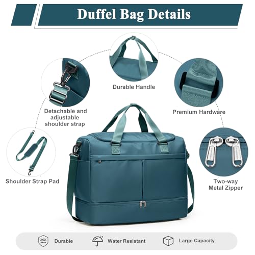 Travel Duffel Bag with Shoe Compartment,Overnight Weekender Bags for Women - color: Peacock Blue