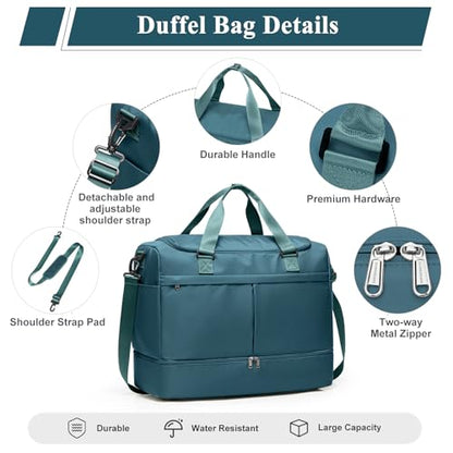 Travel Duffel Bag with Shoe Compartment,Overnight Weekender Bags for Women - color: Peacock Blue