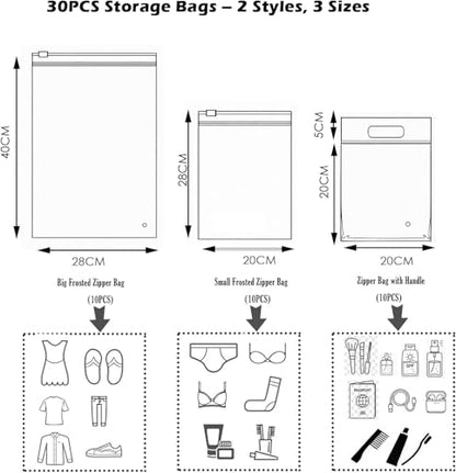 Travel Storage Bags, 30PCS Resealable Ziplock Bags Clear Bag & Frosted Zip lock Seal Clothes Bags Hospital Waterproof Luggage Organiser for Clothes Shoes Cosmetics