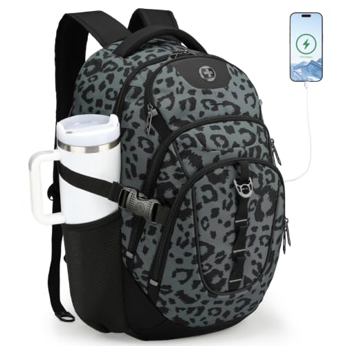 Swissdigital Design Backpack for Men with USB Charging Port SD803-101 - color: Gray Leopard