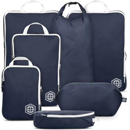 TRIPPED Travel Gear Large Compression Packing Cubes 7-Piece Set for Travel - color: Navy/White