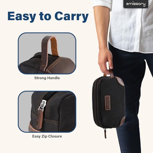 emissary Men's Canvas Travel Toiletry Bag, Leather Dopp Kit - Black - color: Black