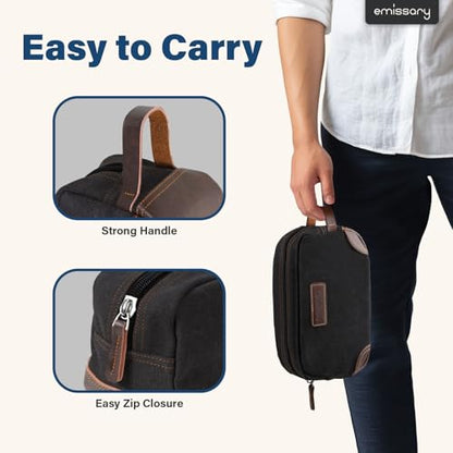 emissary Men's Canvas Travel Toiletry Bag, Leather Dopp Kit - Black - color: Black