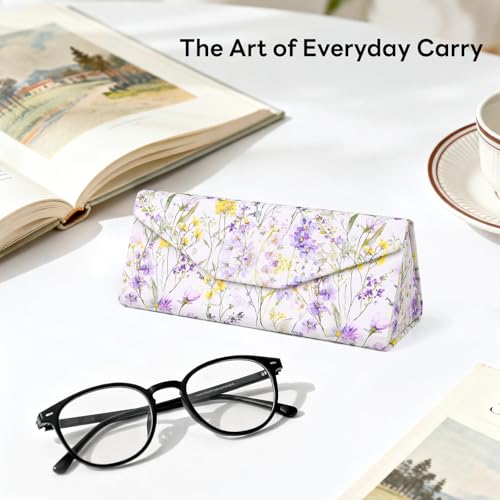 Sunglasses Case, Foldable Glasses Case, Magnetic PU Leather Hard Shell Folding Eyeglass Holder Box - color: Purple Flowers