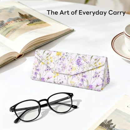 Sunglasses Case, Foldable Glasses Case, Magnetic PU Leather Hard Shell Folding Eyeglass Holder Box - color: Purple Flowers