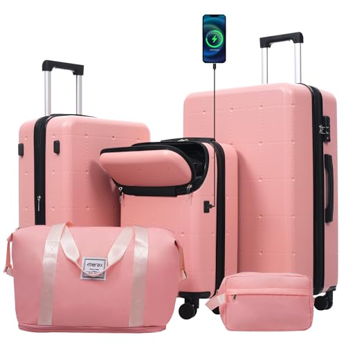 Merax 5 Piece Hardshell Luggage Set with Half Opening Suitcase.Light Pink - color: Light Pink-1, size: 5 Piece(20/24/28/DB/TB)