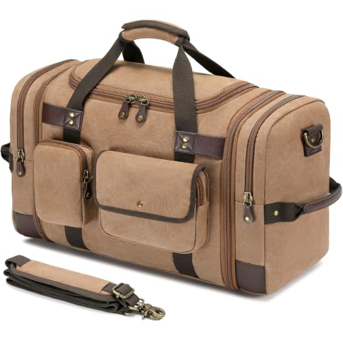 Canvas Duffle Bag for Travel, Carry On Overnight Bag for Men Women - color: Brown