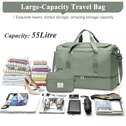 Extra Large Travel Duffel Bag, Carry-On Weekender Bags for Women Travel - color: Olive Green with Toiletry Bag, size: Extra Large
