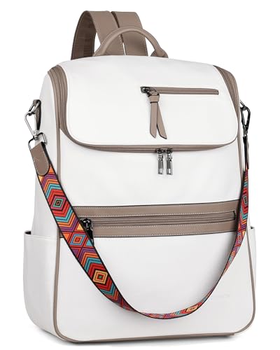 FADEON Laptop Backpack for Women, Vegan Leather 15.6 inch Computer bag - color: White Retro Style