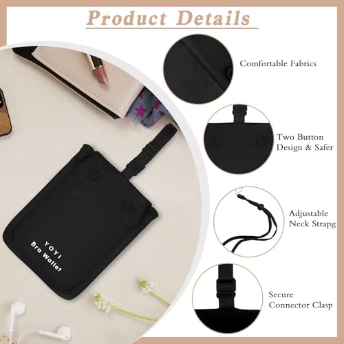 YOYI YOYI RFID Blocking Bra Wallet Neck Strap Hidden Pocket Cash Card - color: Black, style: Lanyard