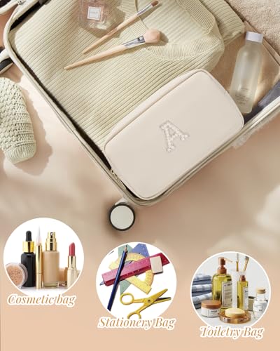VLANDO Makeup Travel Bag with Pearl Monogram Patch,Beige M - color: 03-White-M