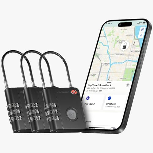 KeySmart SmartLock Tracking Luggage Locks, TSA Locks for Luggage, GPS Tracker, Combination Lock Compatible with Apple Find My App, Best Travel Essentials, Replaceable Non-Rechargeable Battery (3 Pack) - color: Black, size: 3 Pack