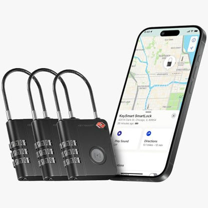 KeySmart SmartLock Tracking Luggage Locks, TSA Locks for Luggage, GPS Tracker, Combination Lock Compatible with Apple Find My App, Best Travel Essentials, Replaceable Non-Rechargeable Battery (3 Pack) - color: Black, size: 3 Pack