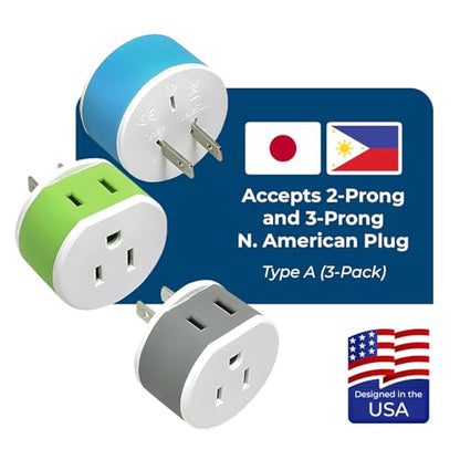 OREI Japan, Philippines Power Plug Adapter with 2 USA Inputs - Travel 3 Pack - Type A (US-6) Safe Use with Cell Phones, Laptop, Camera Chargers, CPAP, and More - style: Type A-Japan Philiipines