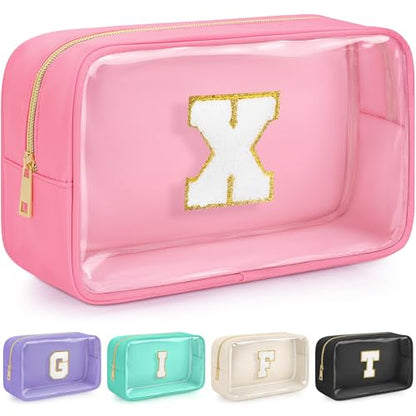 Initial Clear Makeup Bag, Birthday Gift Chenille Patch Cosmetic Bag - color: Pink, size: X