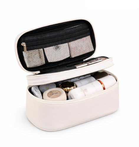Double Layer Medium Capacity Portable Travel Makeup Bag Waterproof Organizer Women Easy Clean Convenient Carry On Cosmetic Storage - color: Cream White