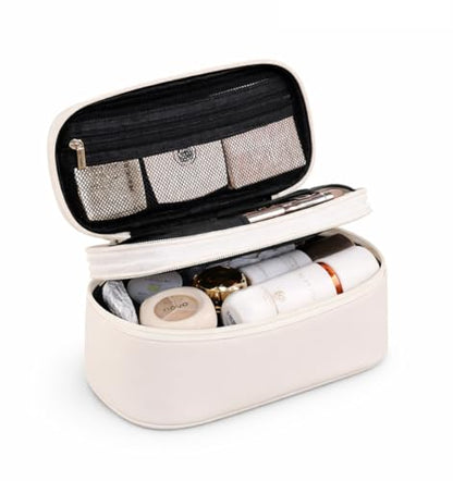 Double Layer Medium Capacity Portable Travel Makeup Bag Waterproof Organizer Women Easy Clean Convenient Carry On Cosmetic Storage - color: Cream White