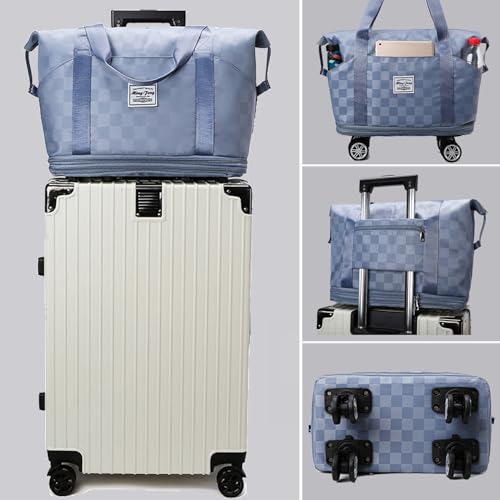 Expandable Foldable Duffel Bag Suitcases,Detachable Rolling Wheels,Rolling Duffle Bag with Wheels,Suitcase with Wheel,Carry on Luggage,Gift for Men Women Lightweight Suitcases (Blue) - color: Blue