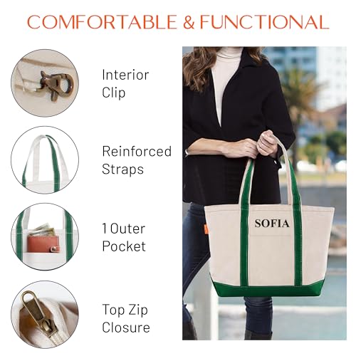 CB STATION Medium Classic Personalized Monogram Canvas Tote Bag for Women – Customized Gift for Birthday, Wedding - color: Emerald