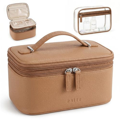 Prite 2 Pcs Makeup Bag Set Travel Cosmetic Case with Clear Toiletry Bag - color: Brown