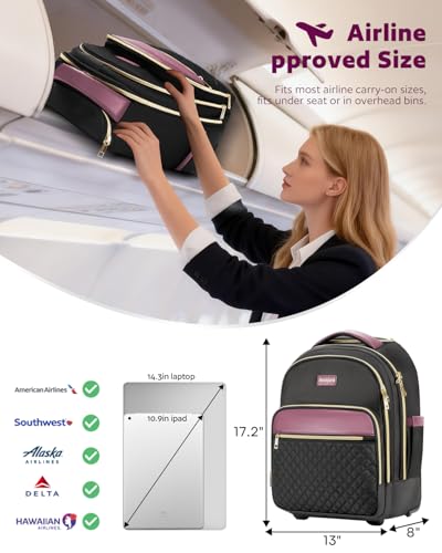 Arcoyard Rolling Backpack for Women, 15.6 Inch Travel Backpack with Wheels - color: Black Purple, size: 15.6-inch