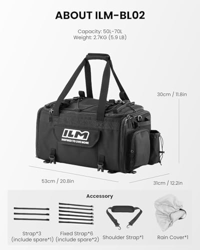 ILM Motorcycle Tail Bag 50-70L Expandable, Rain Cover Included Model BL02