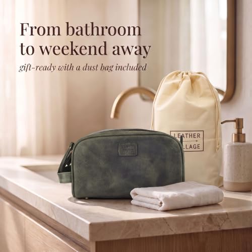 LEATHER VILLAGE Leather Toiletry Bag for Men, Travel Dopp Kit Shaving Bag - color: Olive