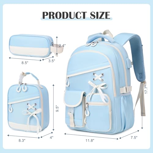 DIGOBAY Backpacks for Girls 3PCS School Backpack Lunch Box Pencil Pouch - color: Bluebeige