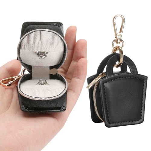 KUKUVR Travel Jewelry Ring Holder Box with Keychain (Black) - color: Black