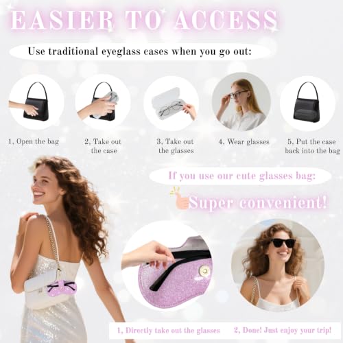 Glitter Glasses Case with Lanyard Soft Leather Sunglasses Bag with Hook - color: Purple