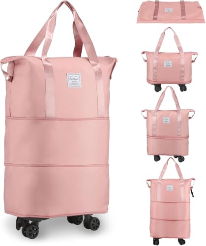 Expandable Foldable Duffle Bag with Wheels, Detachable Rolling Wheels & Telescopic Handle, Lightweight Carry On Travel Bag for Men Women, Ideal for Business Trip Gym Weekend Getaway - color: Pink