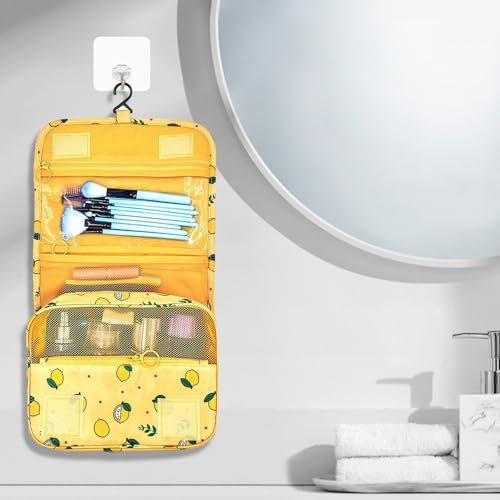 Large Capacity Hanging Toiletry Bag for Women Travel, Waterproof Makeup Organizer Shower Caddy, Bathroom Cosmetic Bag with Hanging Hook (Yellow lemon) - color: Yellow lemon