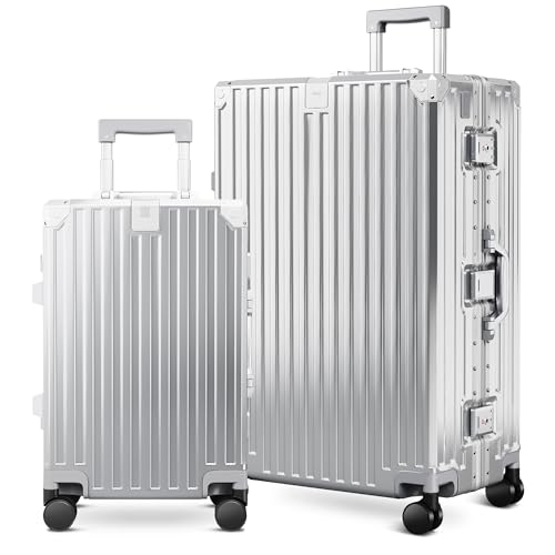 ALPHA CAMP 2 Piece Luggage Sets with Aluminum Frame (20/28 Inch,Silver) - color: Silver, size: 20+28 Inch