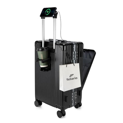 feilario PC Hardside Carry On Luggage, Aluminum Frame, TSA Lock, Cup Holder - color: A-Jet Black