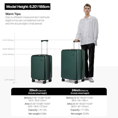 mixi 20 Inch Expandable Carry On Luggage PC Hard Shell Suitcase Top Opening Rolling Travel Suitcases with Spinner Wheels & TSA Lock, Blackish Green - color: Blackish Green, size: 20-inch