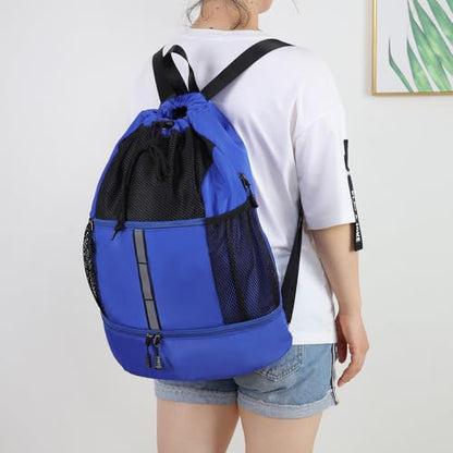 Valleycomfy Drawstring Gym Bag Sports Backpack With Shoe Compartment Blue - color: Royal Blue