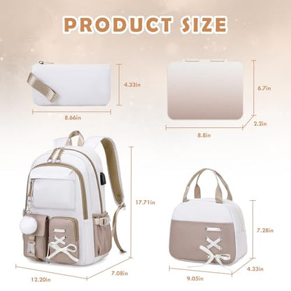 ACESAK 4PCS Teen Girls Backpack with 43OZ Bento Lunch Box Set,Khaki - color: Off-white-to-khaki Gradient