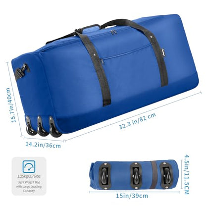 Finnhomy 120L Foldable Rolling Duffel Bag with 3 Wheels, Light Weight Travel Duffel bag with Large Loading Capacity, 32'' Rolling Duffel bag with Shoulder Strap - color: Blue