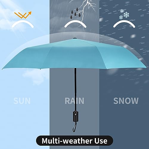 Yoobure Windproof Automatic Travel Umbrella, Compact Folding UV Sun & Rain | One-touch auto open close, windproof frame withstands storms, UV protection fabric, lightweight for backpack car daily use - color: Auto-Sky Blue