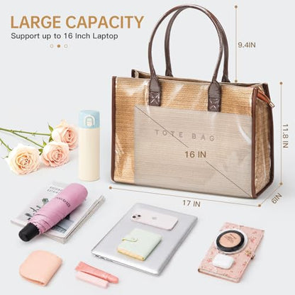 PVC Woven Tote for Women, Fits 16" Laptop, Crochet Style, Leak-Proof Lining, Top Handle&Zipper, Foldable for Travel