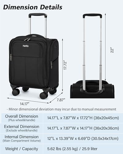 HanTrip 16 Inch Underseat Small Carry On Luggage with Spinner Wheels, Black - color: Black
