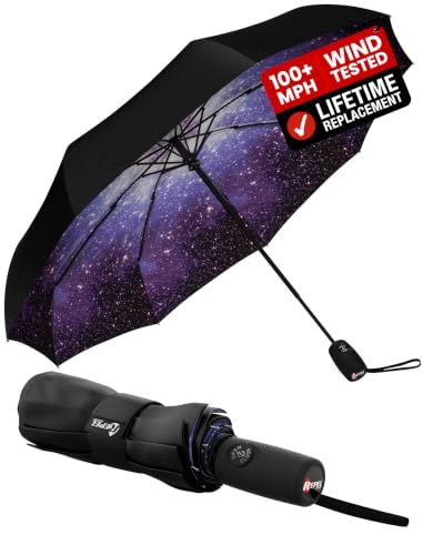 Windproof Travel Umbrella - Compact & Withstands Winds up to 100MPH, Strongest Premium Auto Folding Umbrella for Rain and Sun - Durable, Light & Portable for Women & Men, Fits Backpack & Cars - color: Starry Night