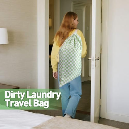 Laundry Bag Backpack for Dorm & Travel, 29 x 18" Large Dirty Bag - color: Green White Checkered