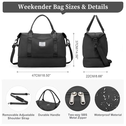 Travel Duffel Bag,Overnight Weekender Bags for Women with Wet Pocket - color: A-Black, size: Large